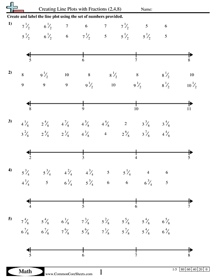 Line Plot Worksheets - Creating Line Plots with Fractions (2,4,8) worksheet